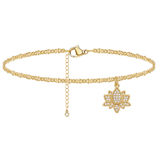 Dainty 14k Gold Plated Adjustable Anklet with Lotus Charm