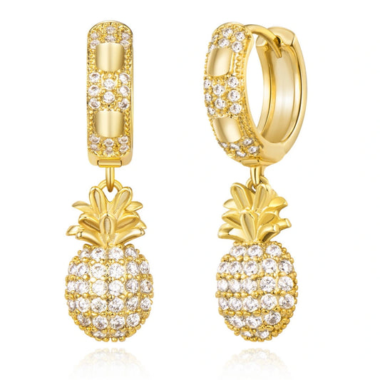 14K Gold Pineapple Hoop Earrings on White Background