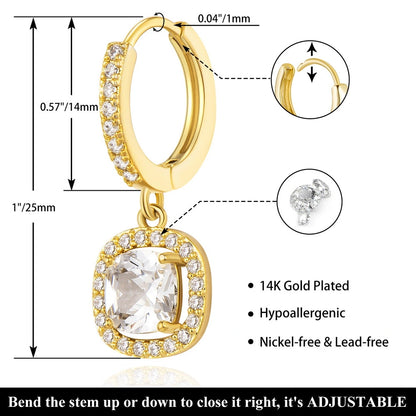 Elegant Square Drill Hoop 14K Gold Earrings for Women and Girls