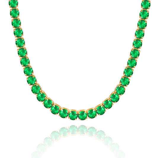 14K Gold Diamond Tennis Necklace with Round Green CZ against white backdrop