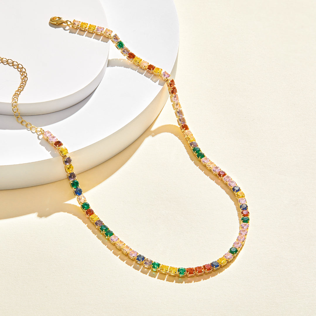 Detailed view of 14K Gold Diamond Tennis Necklace with Round Rainbow CZ