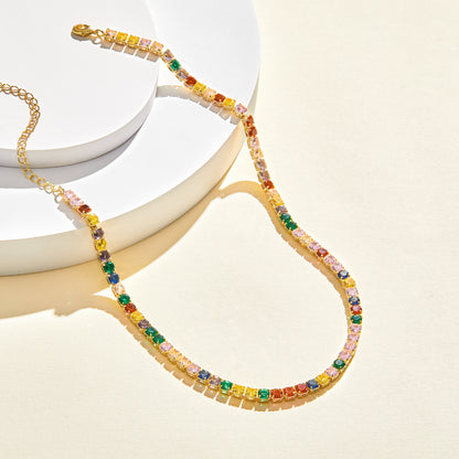 Detailed view of 14K Gold Diamond Tennis Necklace with Round Rainbow CZ