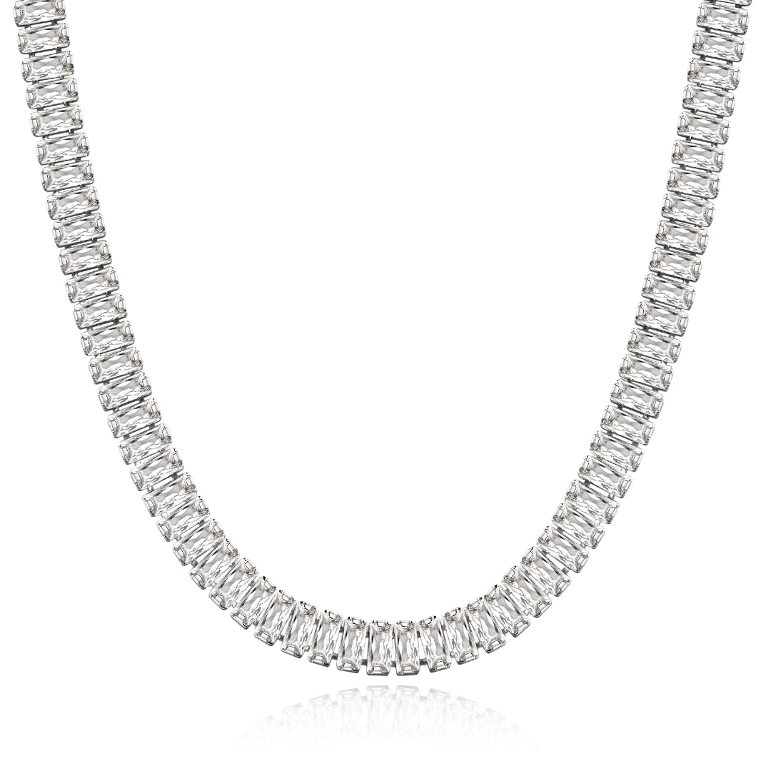 14K Gold Diamond Tennis Necklace CZ Baguette Tennis Chain- White Cubic Zirconia