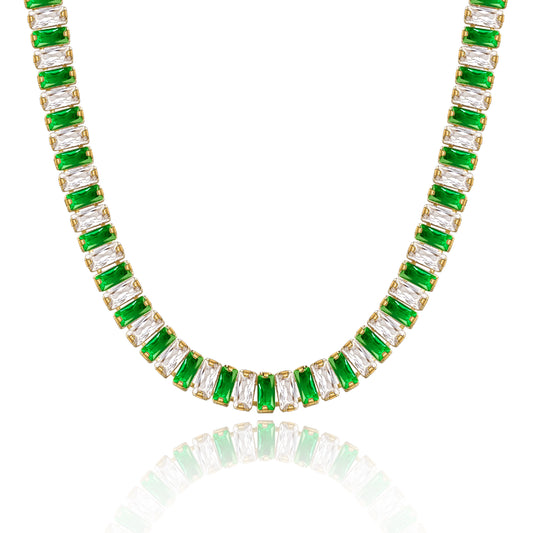 14K Gold Diamond Tennis Necklace with Green White CZ against white backdrop