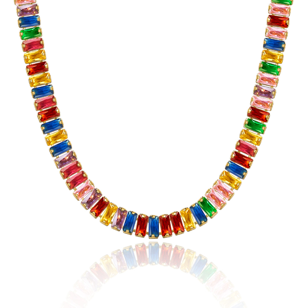 14K Gold Diamond Tennis Necklace with Rainbow Baguette CZ against white backdrop