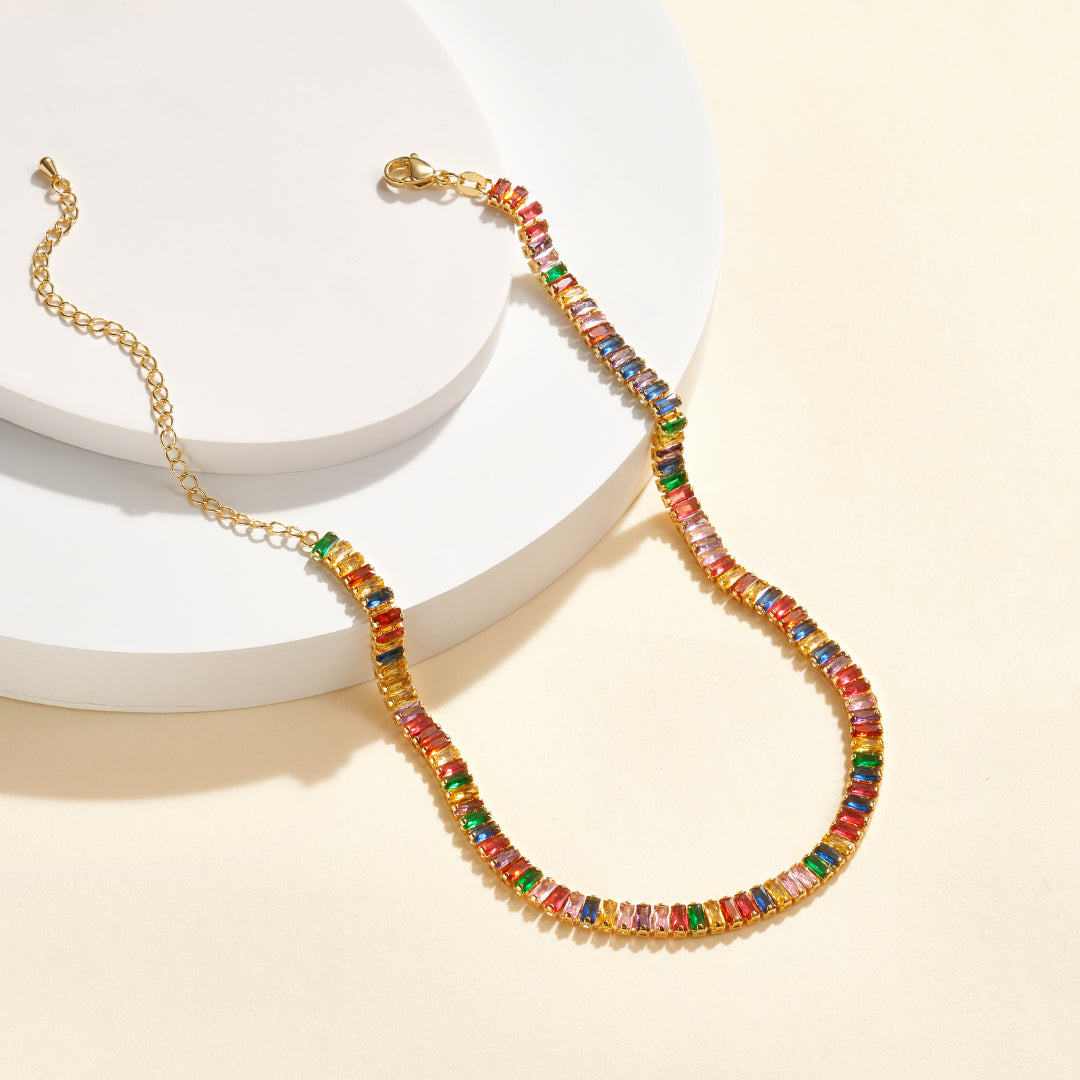 Detailed view of 14K Gold Diamond Tennis Necklace with Rainbow Baguette CZ