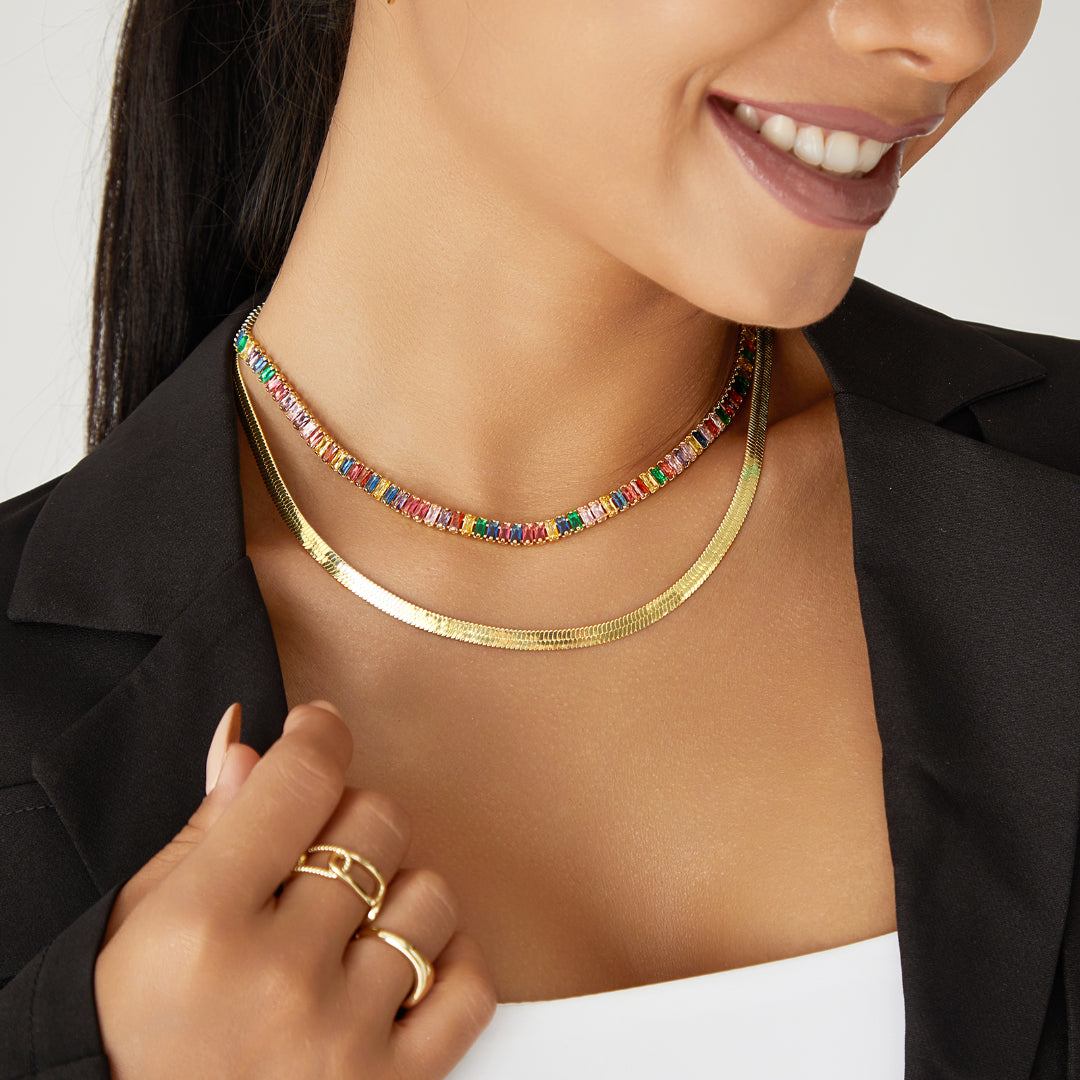 14K Gold Diamond Tennis Necklace with Rainbow Baguette CZ