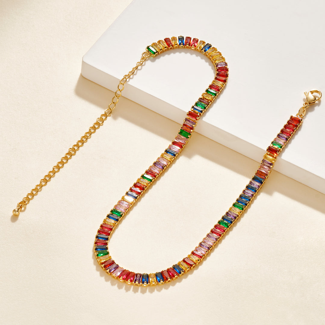 Detailed view of 14K Gold Diamond Tennis Necklace with Rainbow Baguette CZ