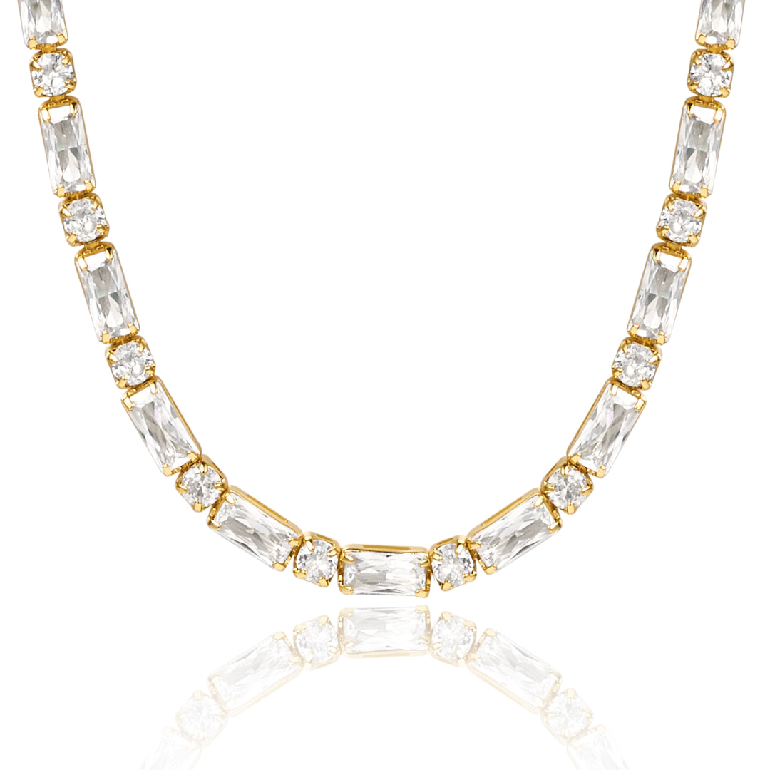 14K Gold Diamond Tennis Necklace with Square CZ against white backdrop