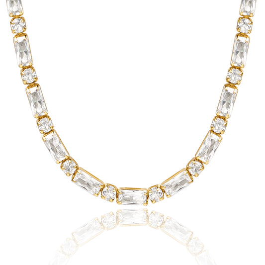 14K Gold Diamond Tennis Necklace with Square CZ against white backdrop