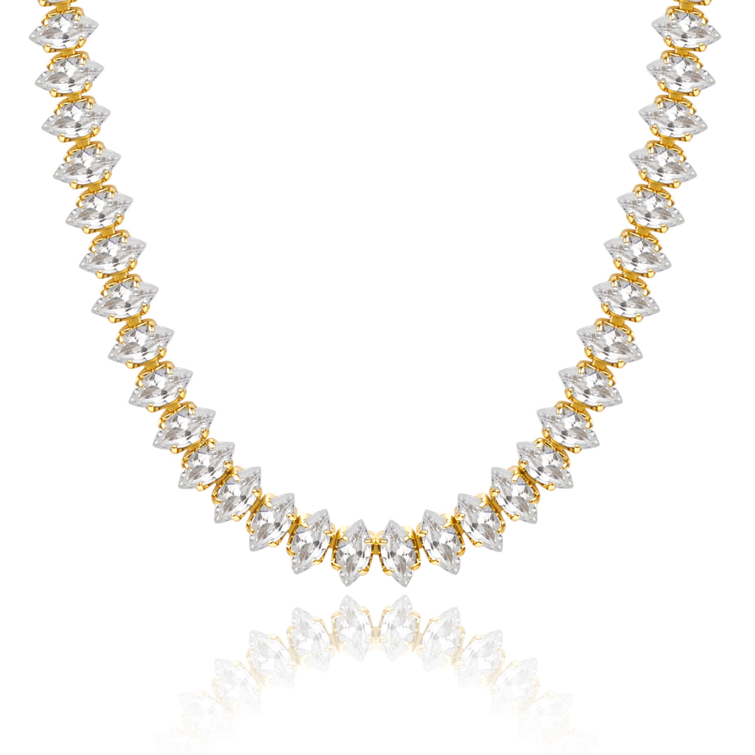 14K Gold Diamond Tennis Necklace with Oval CZ against white backdrop