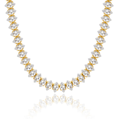 14K Gold Diamond Tennis Necklace with Oval CZ against white backdrop