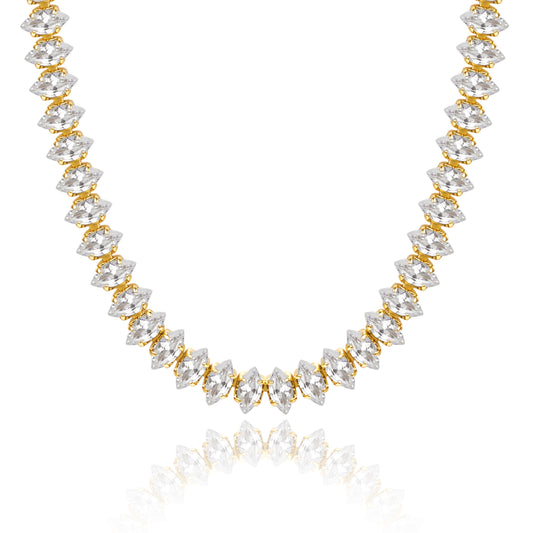 14K Gold Diamond Tennis Necklace with Oval CZ against white backdrop