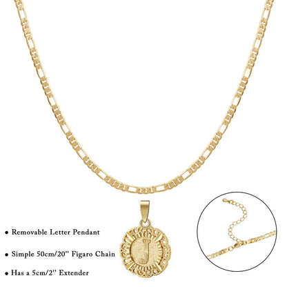 Expressive Round Letter 14K Gold Necklace with Figaro Chain for Women