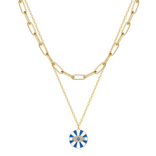 14K Gold Layered Necklace with Blue Evil Eye on a white background