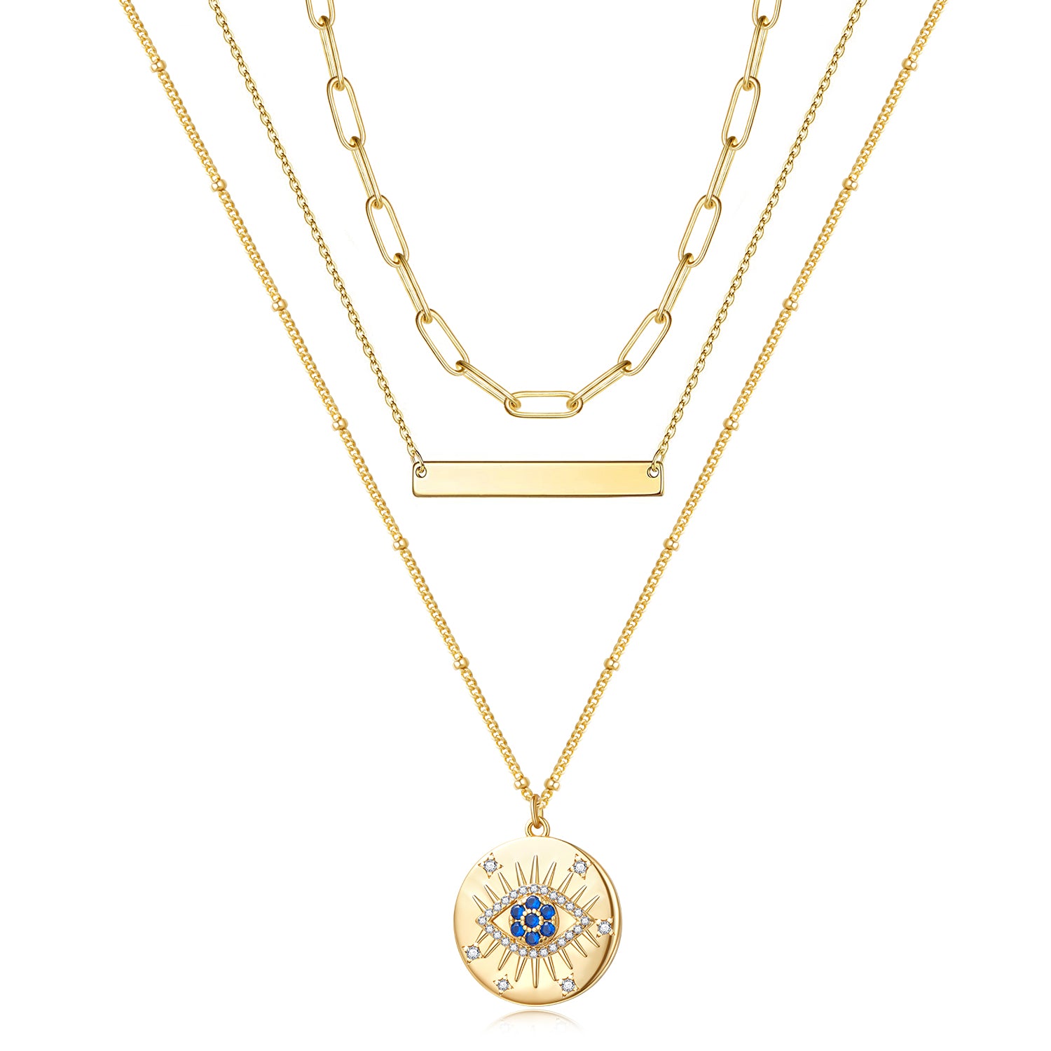 Layered Paperclip and Bar Necklaces with Gold Evil Eye on a white background