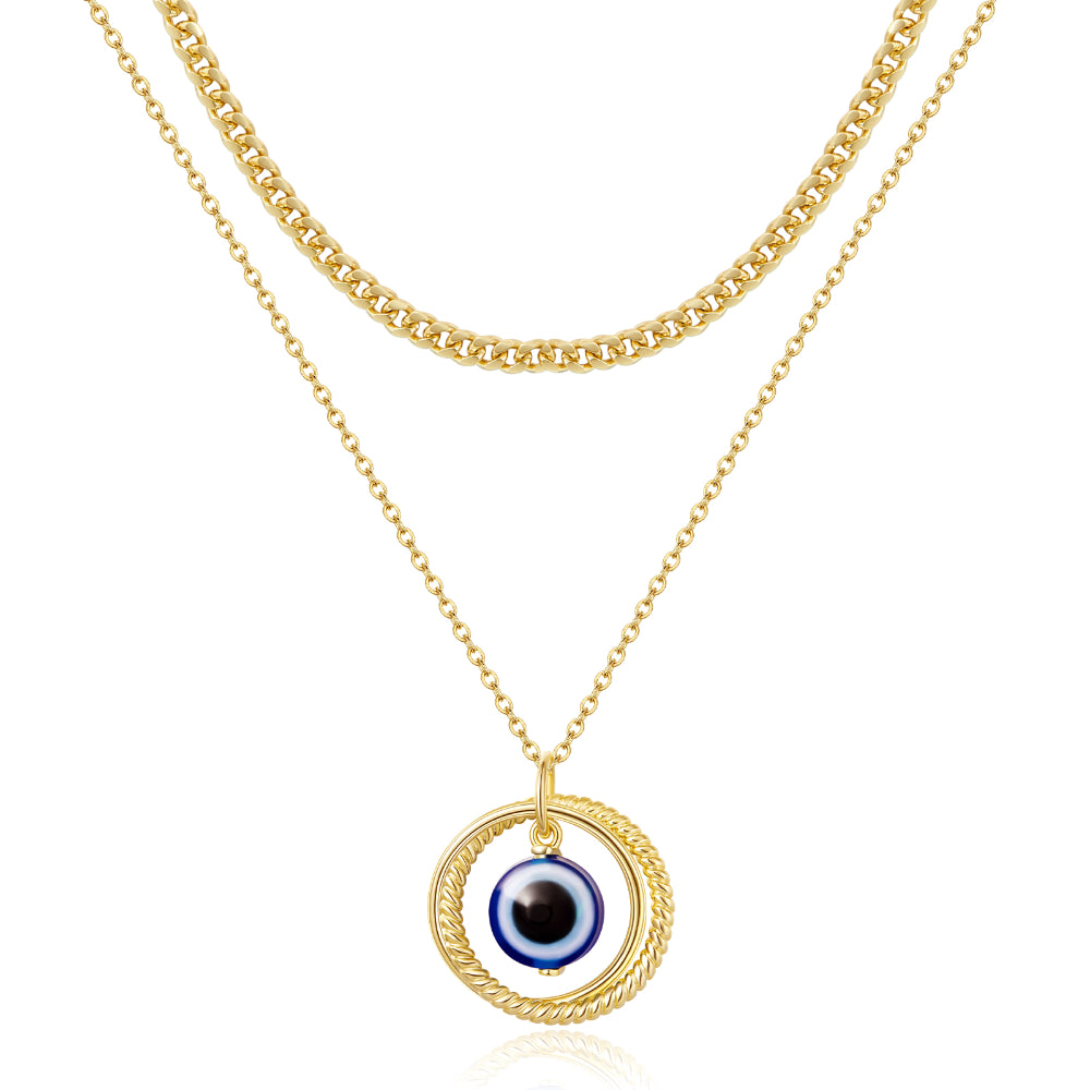 Gold Layered Evil Eye Necklace with Ring Blue Eye pendant on white background