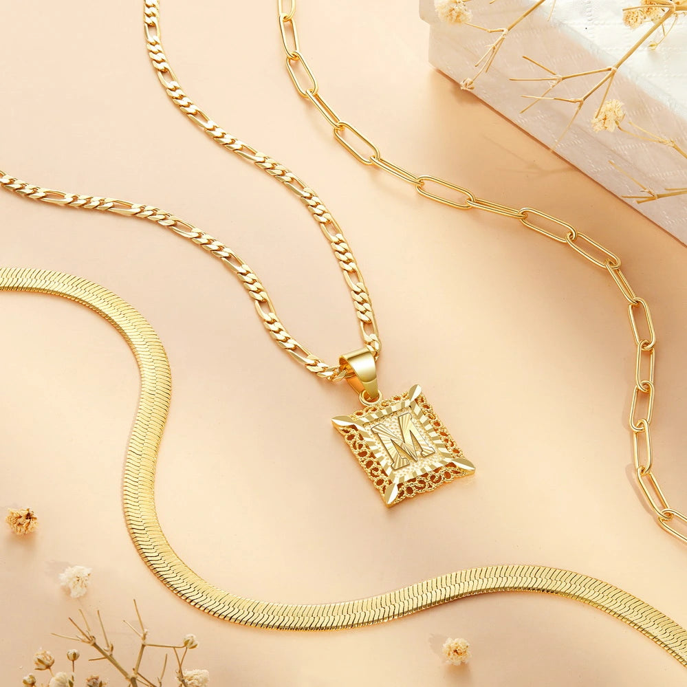 Coordinated Square 14K Gold Necklace Set for Women and Girls