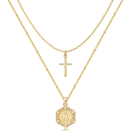 14K Gold Plated Layering Hexagon Letter Cross Pendant Necklace on White Background