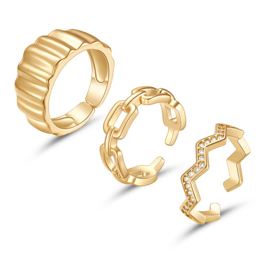 3Pcs 14K Gold Plated Open Rings on white backdrop