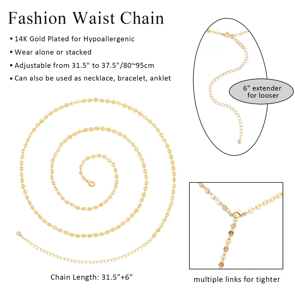 Fashion-forward Wafer Chain Design on 14K Gold Body Chain