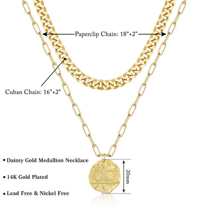 14K Gold Layered Moon Star Medallion Necklace showcasing its celestial charm